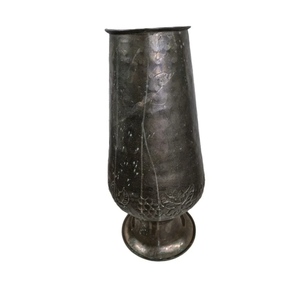 Vintage Distressed Tall Brass Embossed Urn Vase Vessel India 14.5